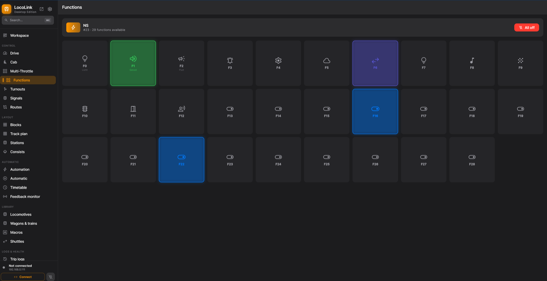 Functions grid F0–F28