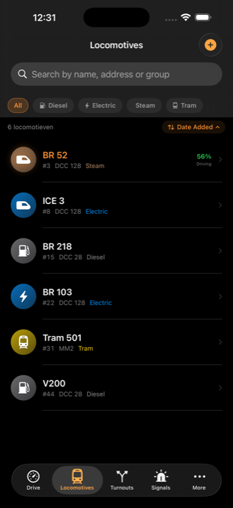 LocoLink model railway locomotive roster on iPhone with DCC addresses and categories