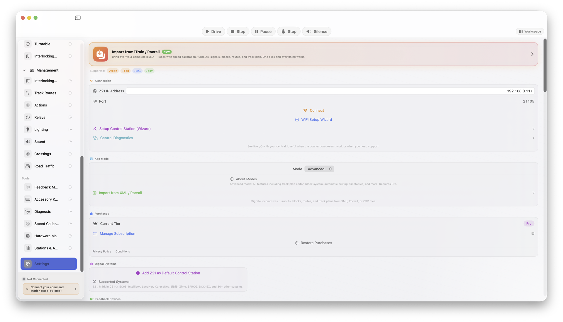 Settings — Import iTrain / Rocrail