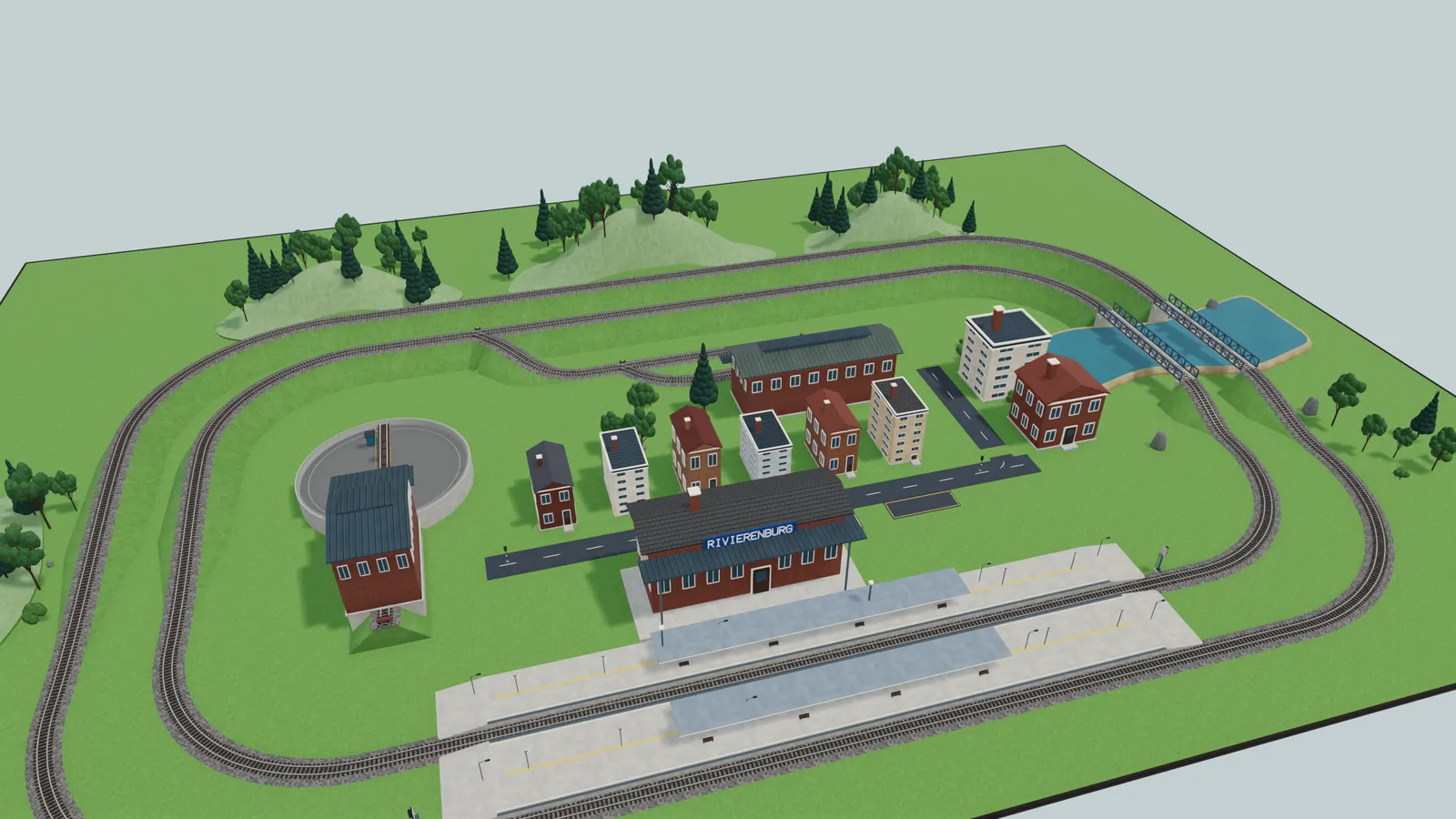 Tout le réseau miniature Rivierenburg en 3D : deux lignes principales ovales autour d’une gare aux quais couverts, une ville, un dépôt avec plaque tournante, une rivière avec deux ponts en treillis et des collines boisées