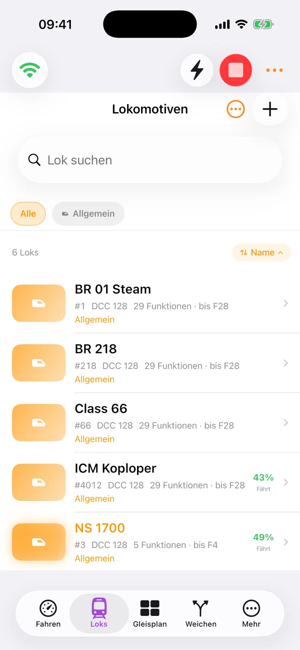 LocoLink Modellbahn Lokliste auf iPhone mit DCC-Adressen und Kategorien