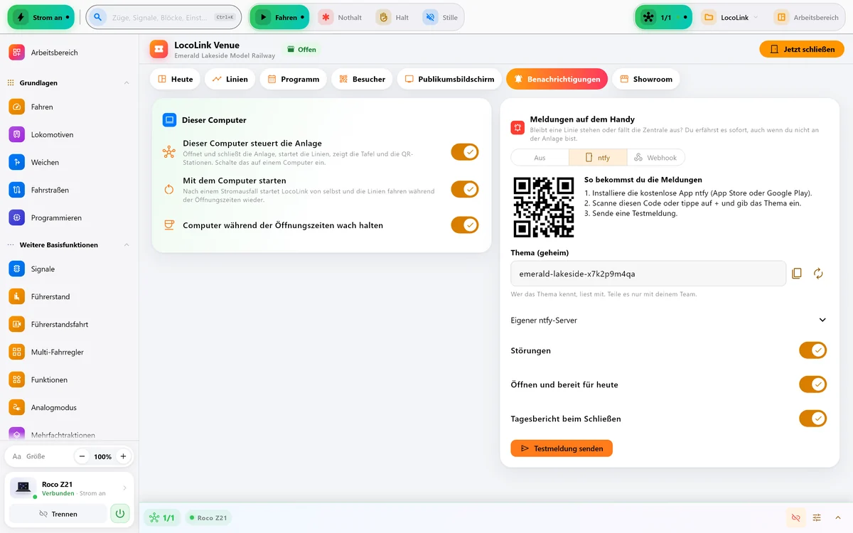 Benachrichtigungen in LocoLink Venue mit einem QR-Code für die App ntfy