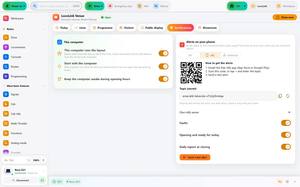 Notification settings in LocoLink Venue with a QR code for the ntfy app