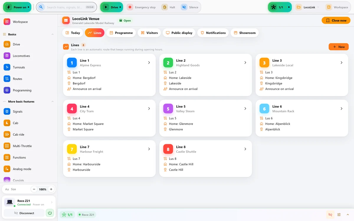 Eight lines in LocoLink Venue, each with its own colour, train and live status