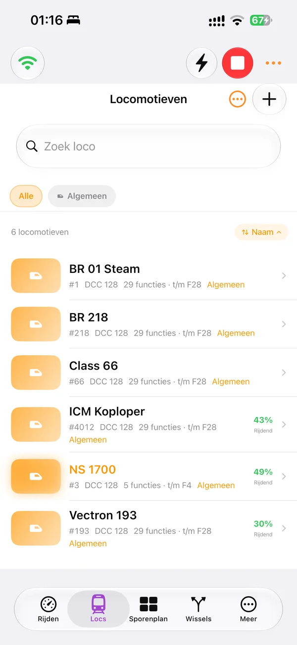 LocoLink modelbaan loclijst op iPhone met DCC-adressen en categorieën