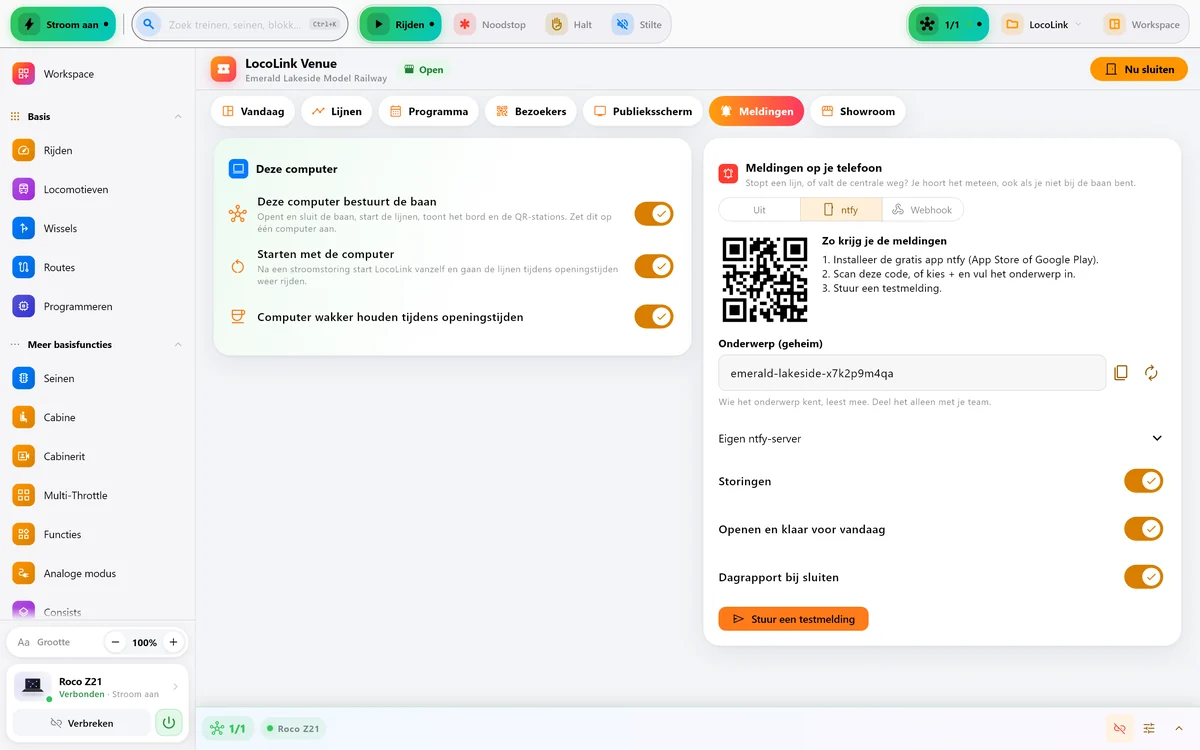 Meldingsinstellingen in LocoLink Venue met een QR-code voor de app ntfy