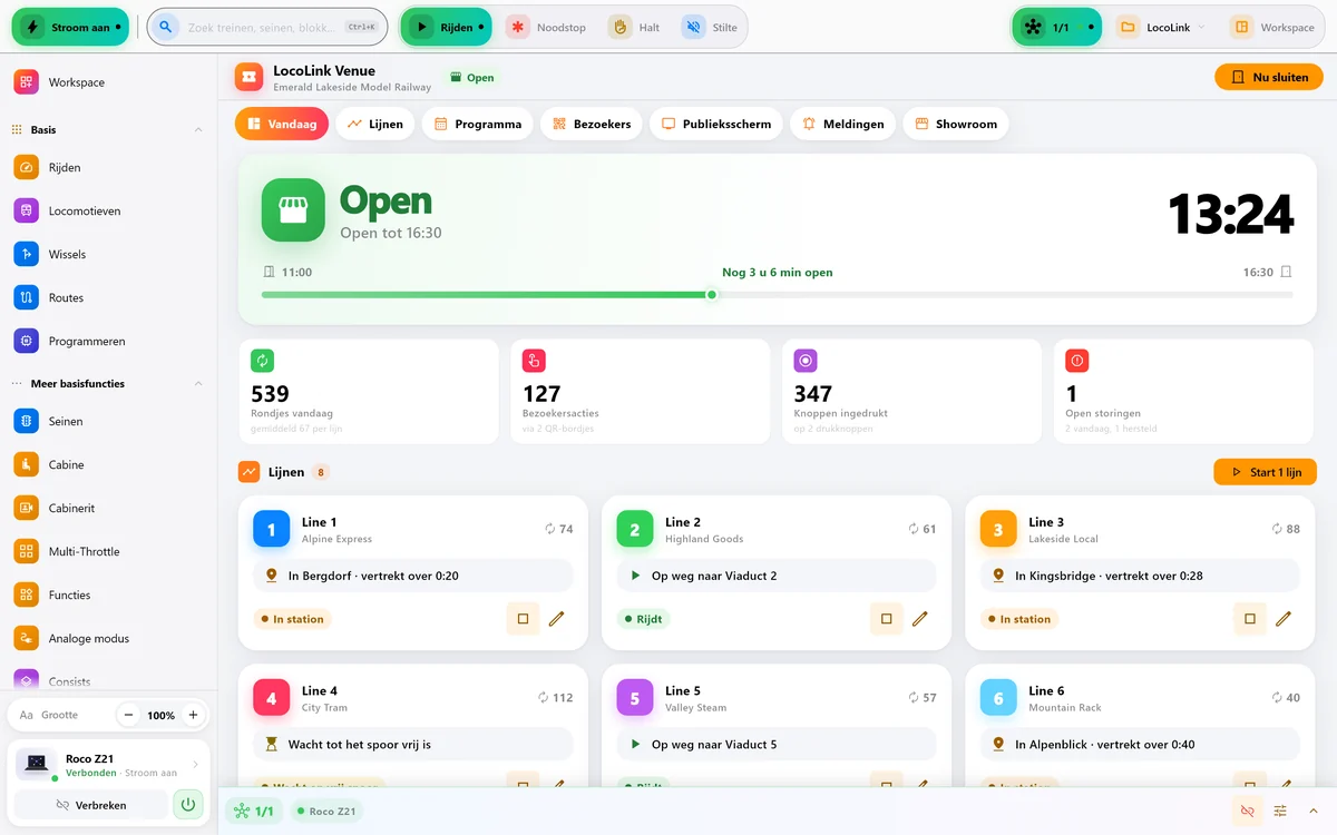 LocoLink Venue op Windows: het overzicht van vandaag met openingstijden en acht lijnen