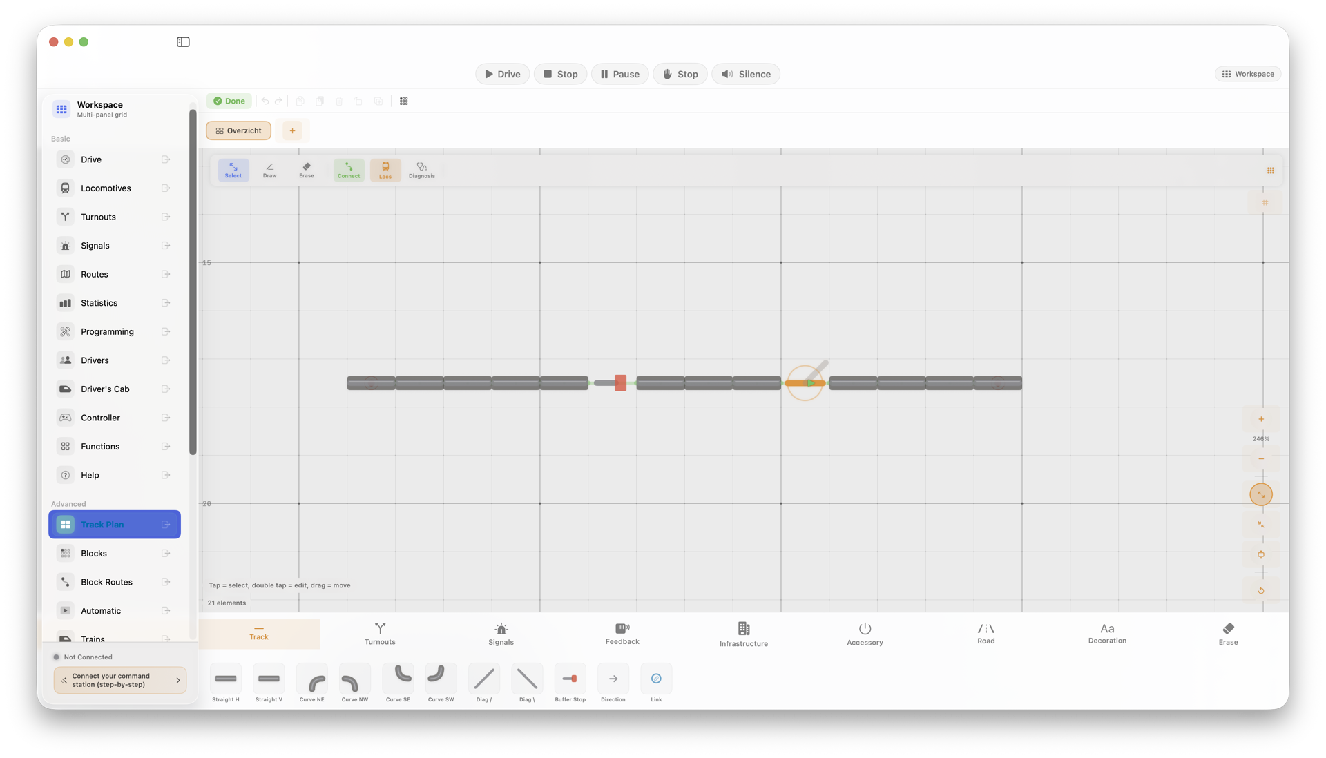 LocoLink track plan on Mac with locomotive throttle turnouts and signals